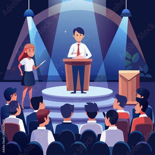A man stands on a stage in front of a group of people. He is holding a book and smiling. The people in the audience are seated in chairs around the stage. The scene is set in a theater