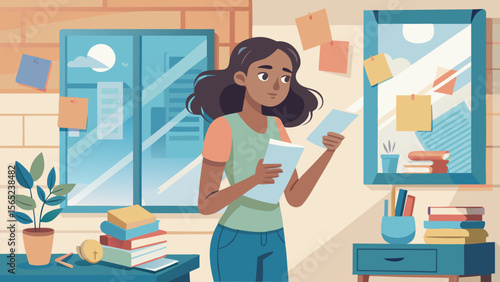 A woman is looking at a piece of paper in a messy room. The room is cluttered with books, papers, and other items. The woman is in a state of confusion or frustration as she reads the paper