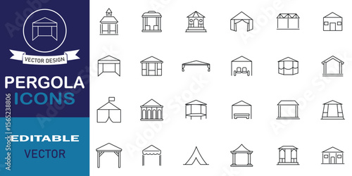 Pergola icon set. Set of pergola design icon for outdoor living spaces. Set of 24 outline icon related to pergola. Editable stroke. Vector illustration.