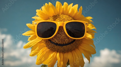 A cheerful sunflower in sunglasses against a blue sky. The image conveys positivity, joy, summer, good mood and positive emotions. Bright colors and a cheerful image. 