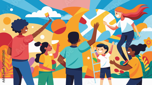 A group of people are painting a mural together. The painting is colorful and lively, with a sense of community and collaboration. The people are of different ages and races