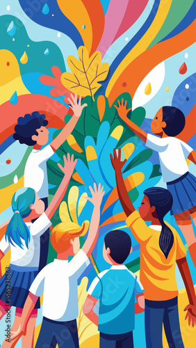 A group of people are painting a mural together. The painting is colorful and lively, with a sense of community and collaboration. The people are of different ages and races