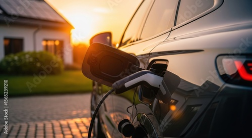 Close-up of white charging plug inserted into port of glossy black electric car, warm golden hour light, house with rooftop solar panels in soft background