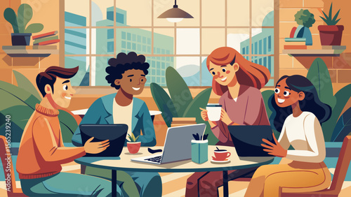 A group of people are sitting around a table in a cafe, with one person holding a laptop. Scene is friendly and social, as the group of people are gathered together to work or chat