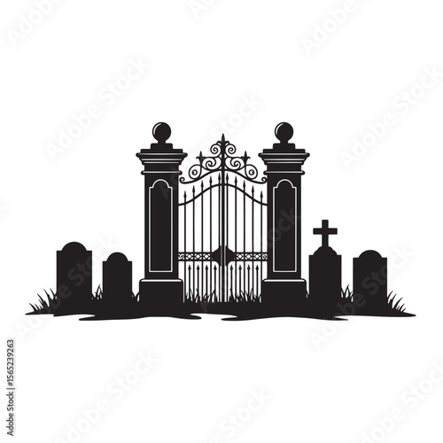 Silhouette illustration of a graveyard scene with gates tombstones and decorative elements