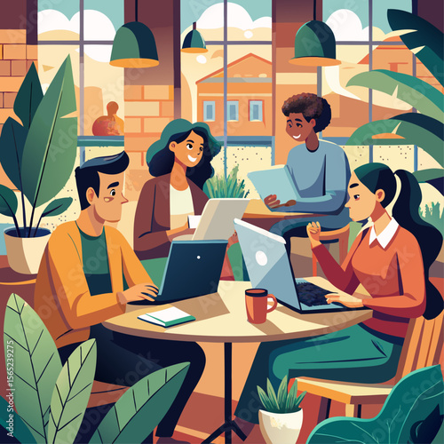 A group of people are sitting around a table in a cafe, with one person holding a laptop. Scene is friendly and social, as the group of people are gathered together to work or chat