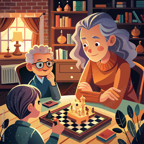 A man and a woman are playing a game of chess. The man is wearing glasses and the woman is smiling. The room is cozy and warm, with a fireplace in the background
