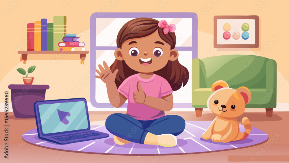 A girl is sitting on a rug with a laptop and a teddy bear in the background. She is smiling and waving at the camera A girl is sitting on a rug with a laptop and a teddy bear in the background. She is smiling and waving at the camera