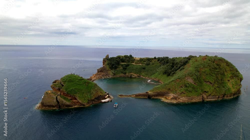 Sao Miguel island, Azores. aerial view of Vila Franca do Campo and amazing volcanic islet with perfect round shape. Portugal travel must - visit places. 4k aerial drone video Sao Miguel island, Azores. aerial view of Vila Franca do Campo and amazing volcanic islet with perfect round shape. Portugal travel must - visit places. 4k aerial drone video