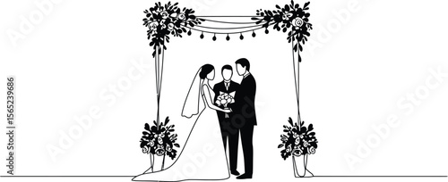 Illustration of Minimalist vector design of wedding ceremony bride groom by a world-class graphic designer. black and white,  no text, minimalist, abstract, clean whi