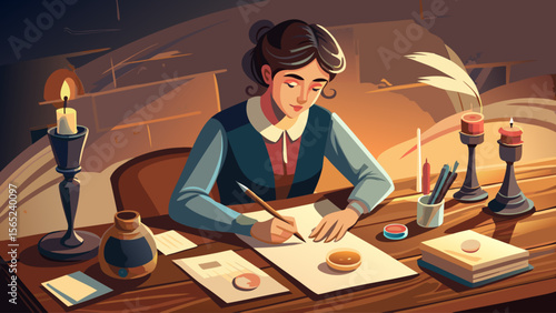 A woman is writing on a piece of paper at a desk. The desk is cluttered with various items, including a vase, a book, and a candle. The woman is focused on her writing