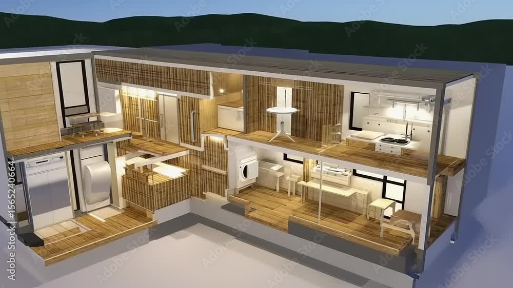 Cross-section architectural view of a two-story modern house design ...