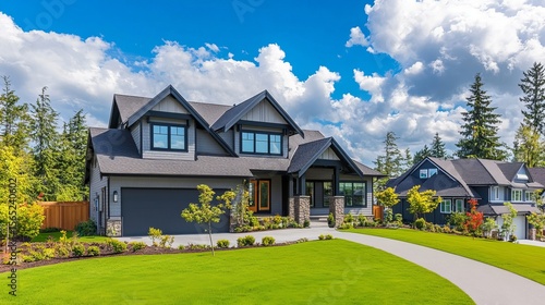 A large gray craftsman new construction house with a landscaped yard and leading pathway sidewalk on a sunny day with blue skies and clouds.