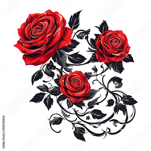 Crimson Roses Vine: Three lush crimson roses intertwine on a dark vine, creating a vibrant and romantic floral arrangement.