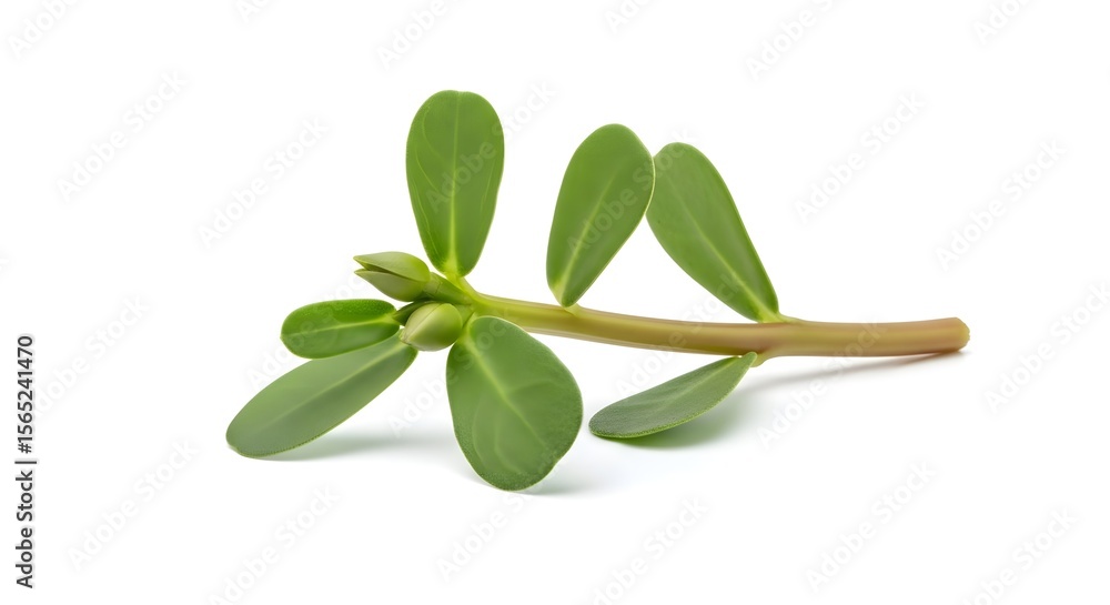Fototapeta premium hern Fresh Purslane Plant Stem with Green Leaves and Buds Isolated on White Background
