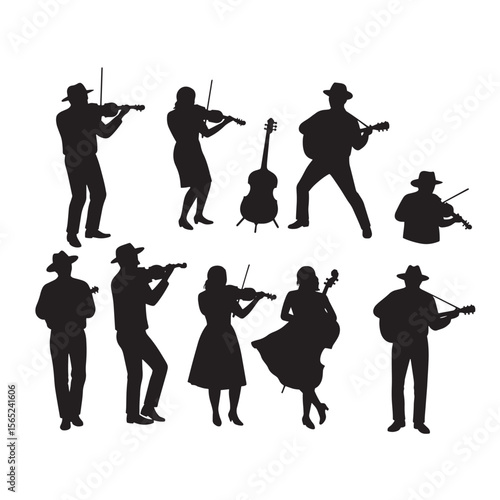 Silhouetted musicians playing various string instruments including guitars violins and double bass