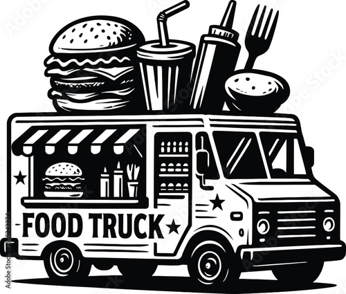 Food truck silhouette vector illustration on a clear white background.