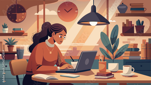 A woman is sitting at a desk with a laptop and a cup of coffee. She is typing on the laptop and she is focused on her work. The scene suggests a typical workday