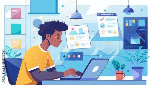 A man is sitting at a desk with a laptop and a potted plant. He is typing on the laptop and he is focused on his work. Concept of productivity and concentration