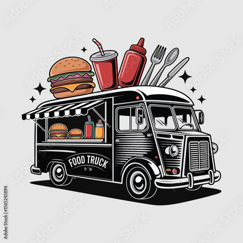 Food truck silhouette vector illustration on a clear white background.