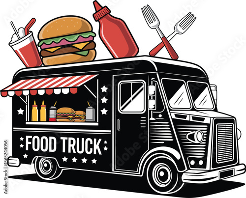 Food truck silhouette vector illustration on a clear white background.
