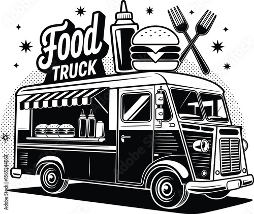 Food truck silhouette vector illustration on a clear white background.