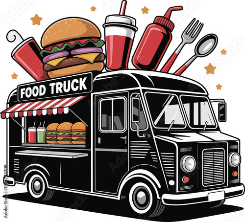 Food truck silhouette vector illustration on a clear white background.