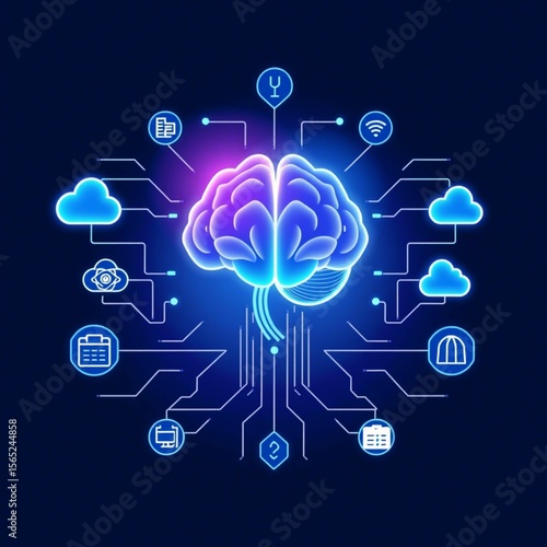 Futuristic Artificial Intelligence Concept Illustration with Glowing AI Brain and Digital Elements – Clean Flat Vector