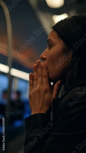 Pensive woman with hands near face in public transportation, contemplative expression and dark clothing in moody lighting, portrait