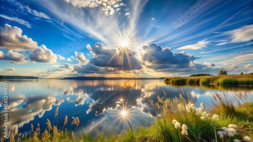 Wallpaper Mural Serene Sunset Over Calm Water with Clouds Reflecting in Still Lake, Glowing Sun Rays Illuminating Peaceful Nature Scene Torontodigital.ca