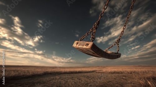 Isolated Wooden Swing Hanging Over Vast And Serene Landscape Under Dramatic Sky With Clouds