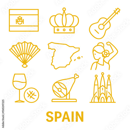 Icons of Spain including guitar, crown, fan, ham, and architecture  