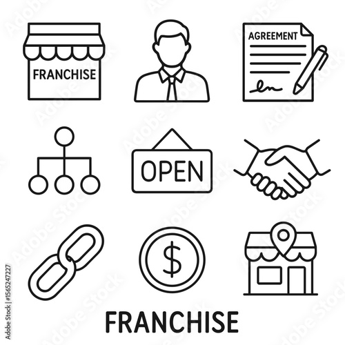 Franchise business icons with agreement, open sign, and handshake  