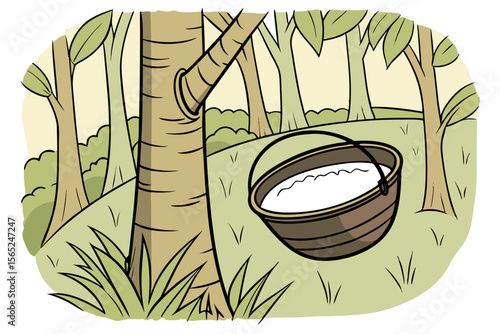Latex sap collecting from rubber tree in tropical forest vector illustration