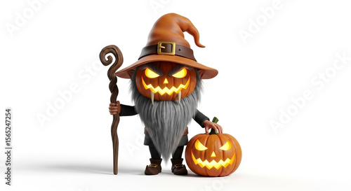 Scary jack o lantern wizard character holding a twisted wooden staff and pumpkin