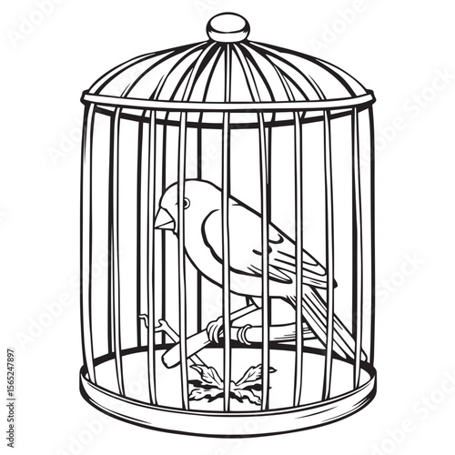 Bird in cage concept black and white vector design illustration.