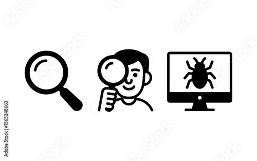 Vector Magnifying glass icons representing search analysis and bug detection on computer screen