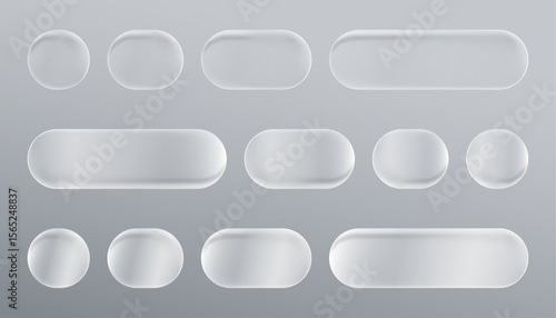 Liquid glass collection of transparent, rounded buttons and shapes, showcasing a modern aesthetic for UI designs