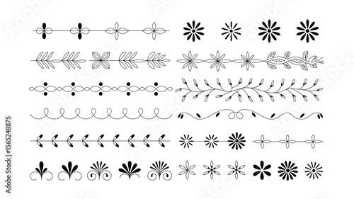 Collection of floral and botanical dividers, decorative lines, hand drawn elements for design and decoration