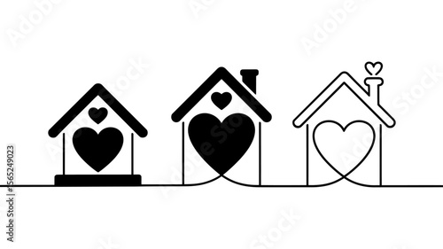 Vector Three stylized houses with hearts inside connected by a single line