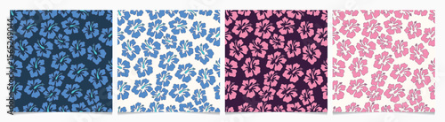 Set of hand drawn vector seamless patterns with abstract hibiscus pink and blue, Summer Beach collection. 