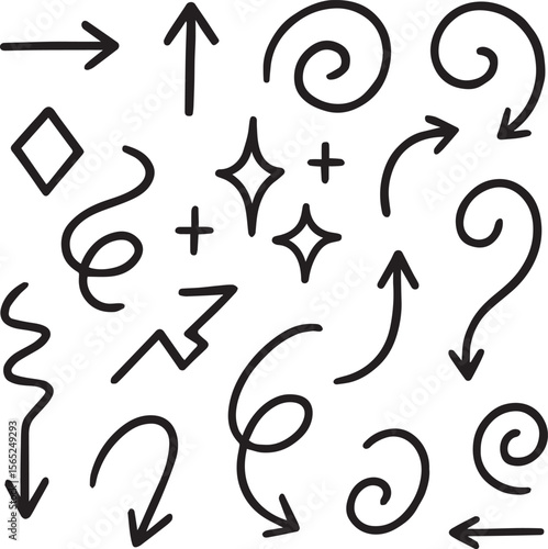 set of vector arrows | Hand draw black arrows and spirals