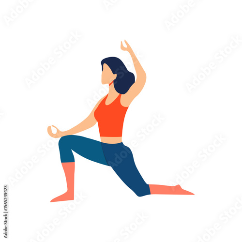 woman doing yoga using blue pants, orange shirt and blue hair