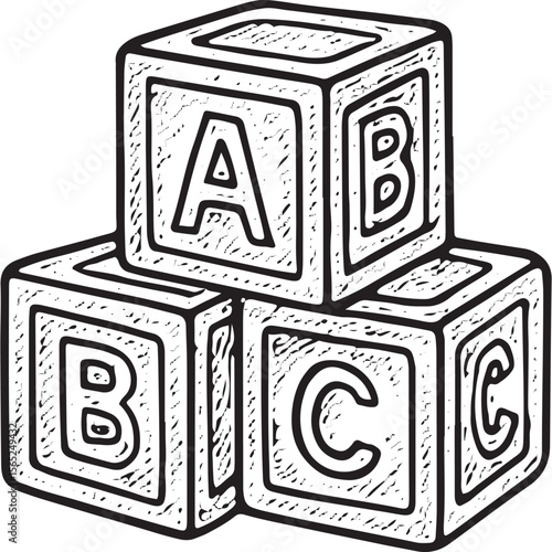 Fun baby blocks icon in black and white outline, perfect for nursery toys and educational art