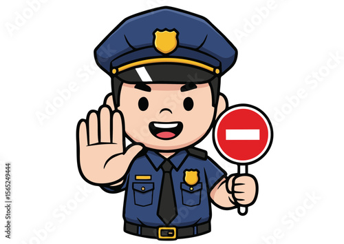 Cartoon Policeman Holding Stop Sign with Hand Up.