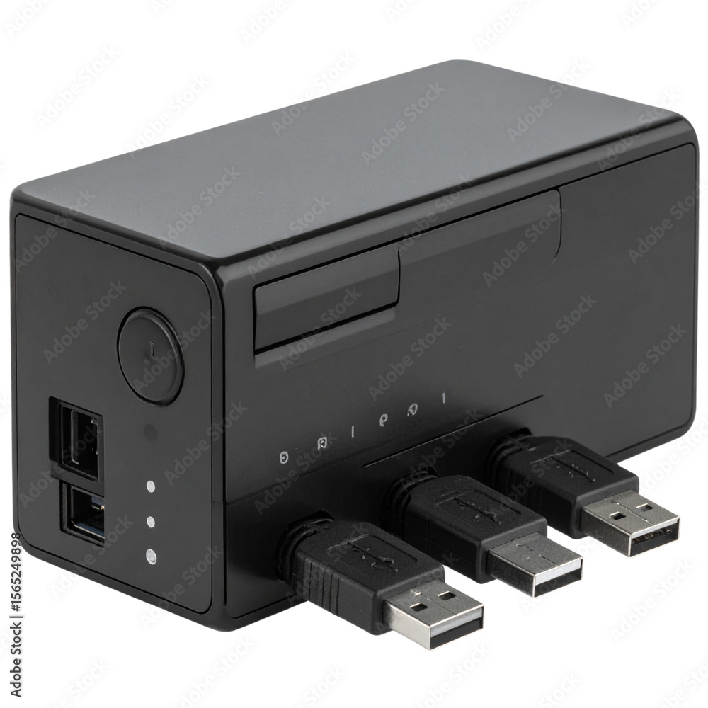 Obraz premium Angled View of Black USB Hub with Attached Cables, Isolated on Transparent Background PNG