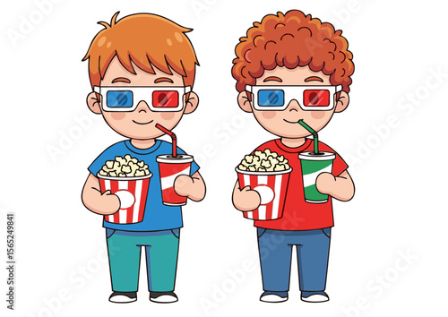 Two Cartoon Kids Enjoying Movie Snacks with 3D Glasses.