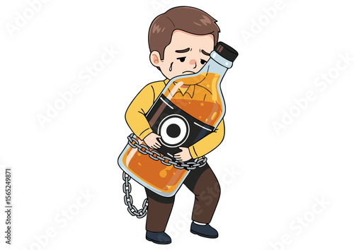 Cartoon Man Crying Chained to a Bottle of Alcohol Illustrating Addiction Concept.