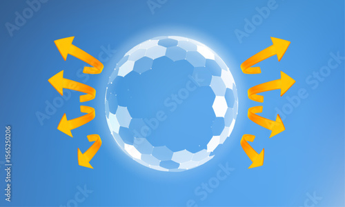 UV shield to protect skin with barrier and light layer against sun and UV exposure in a 3D sphere. Transparent dome and hexagon surface block solar damage for safety. Skincare for sunscreen design.