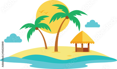 Tropical Island Paradise Palm Trees, Beach Hut, and Sunny Skies